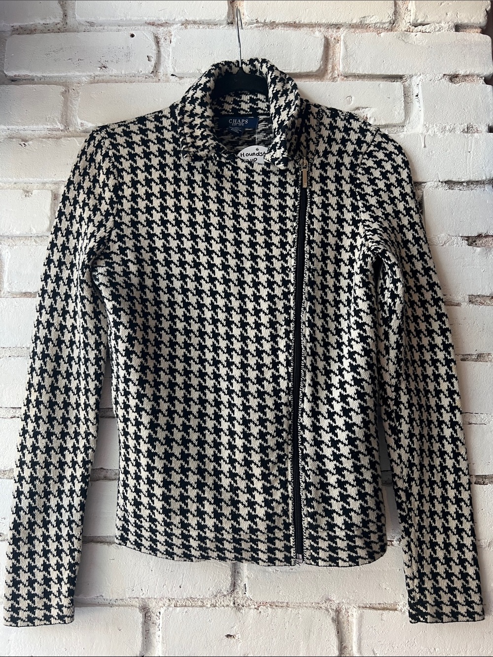Y2K moto sweater Chaps Black & White Houndstooth Asymmetrical Zip Jacket plush